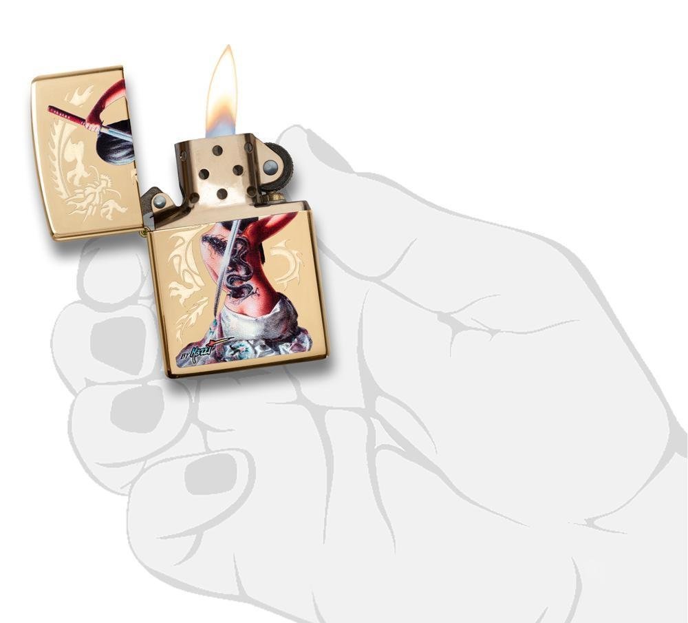 Zippo Mazzi Girl With Dragon Tattoo Samurai, High Polish Brass Lighter #29668
