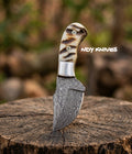 Compact Damascus Steel Skinner Knife – Custom Hand-Forged Blade with Exotic Ram Horn Handle & Mosaic Pins