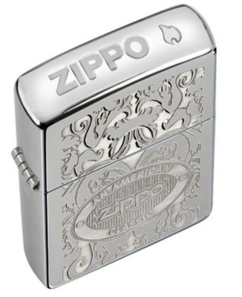 Zippo Logo Crown Stamp Filigree, High Polish Chrome Lighter #24751