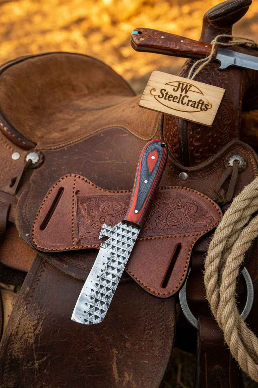 Skyvein Bull Cutter Knife set by JW Steelcrafts featuring 7-inch handmade carbon steel blades with resin handles.