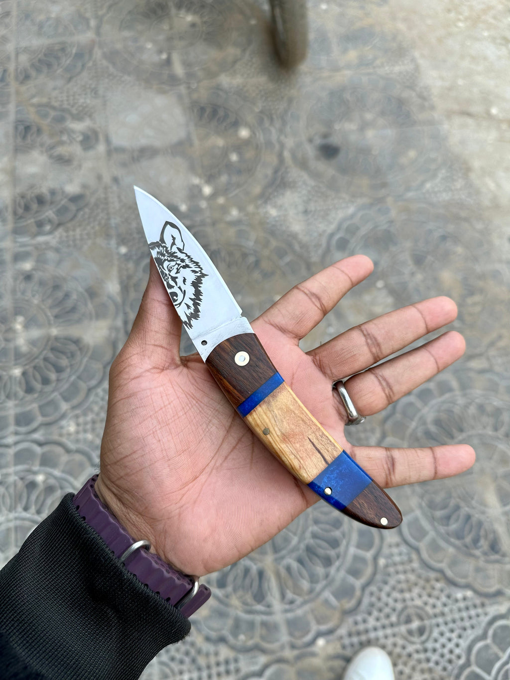 Compact Folding Pocket Knife – 7" J2 Steel Blade with Resin Wood Handle & Leather Sheath