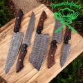 Handmade 13-inch Damascus steel chef knife with rosewood handle, resin bolster, and leather sheath in a kitchen knives set.