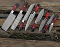 Hand forged Damascus steel BBQ knife set with chef knives from Knives Gear Garage, featuring custom design and sharp blades.