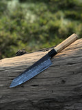 Handmade 13-inch Damascus steel chef knife with brass guard and olive wood handle, includes leather sheath.