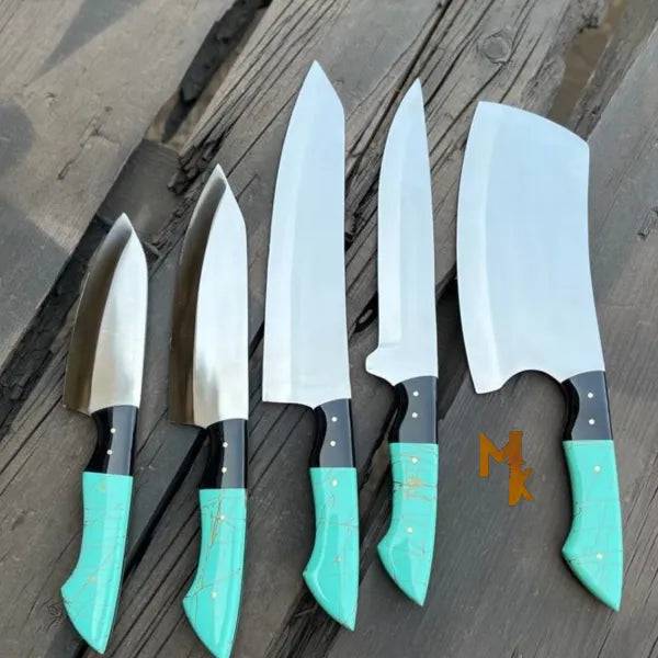 MALIKA KNIVES chef knife set with three stainless steel knives, professional-grade kitchen utensils for precise slicing and chopping.