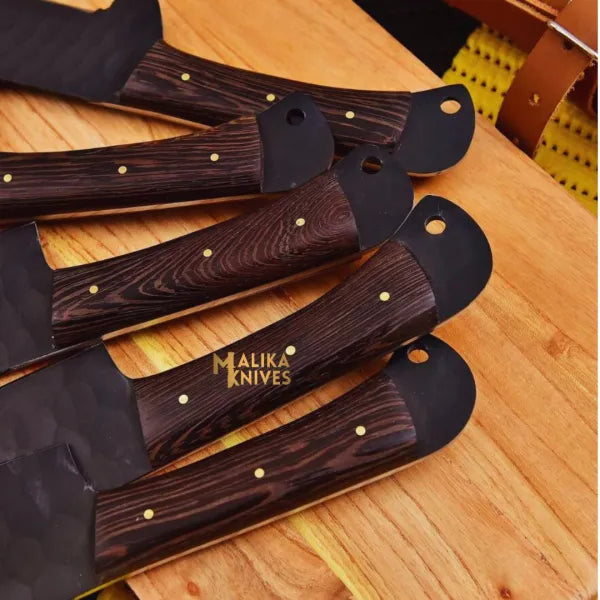 Set of three MALIKA KNIVES kitchen knives with black handles and stainless steel blades for home chefs.