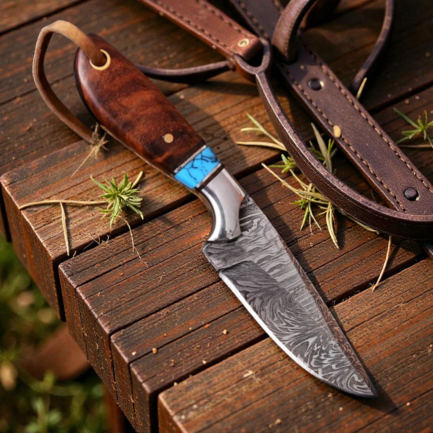 Damascus Cowboy Hunting Knife | Rosewood Handle | Pancake Sheath