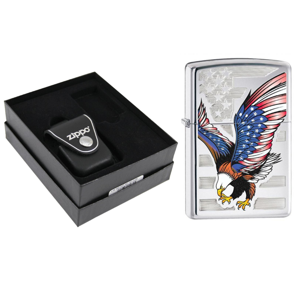 Zippo American Flag Eagle High Polish & Leather Pouch Gift Set #LPGS-LPLBK-28449