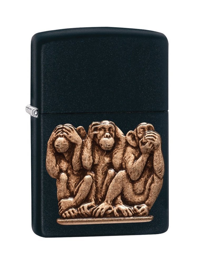 Zippo Three Monkeys Brass Emblem See No Evil, Black Matte Lighter #29409