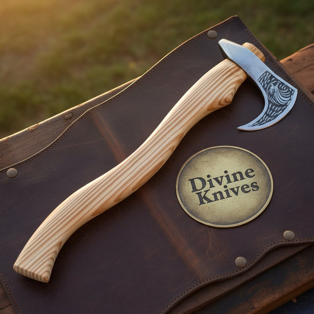 Fenrir Knotwork Wolf Axe with Etched Bearded Head and Hardwood Haft