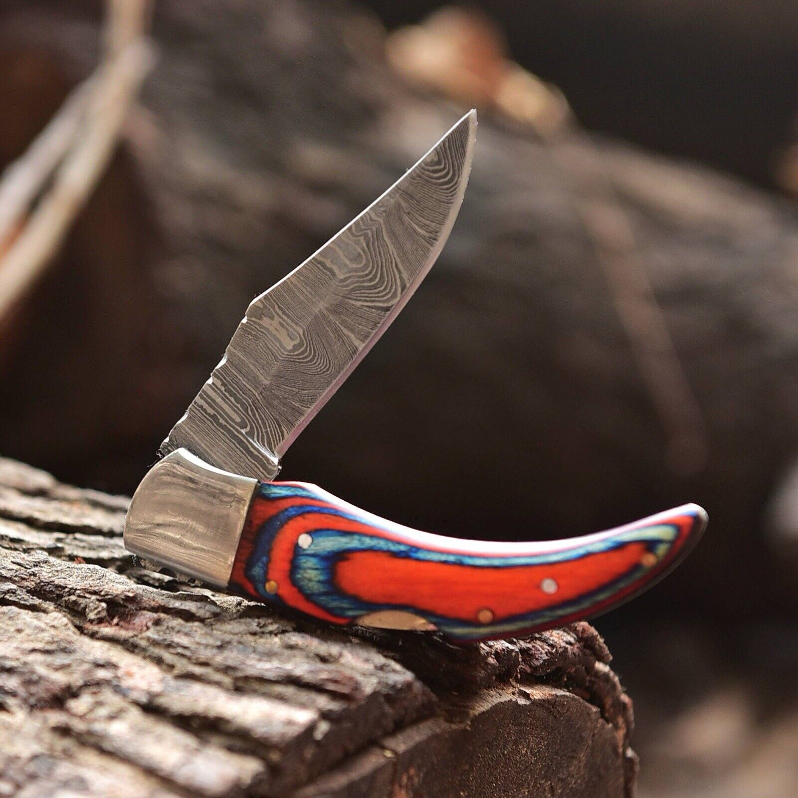 Fall Edition – New Handmade Damascus Pocket Knife 4" with Pakka Wood Handle & Leather Belt Sheath
