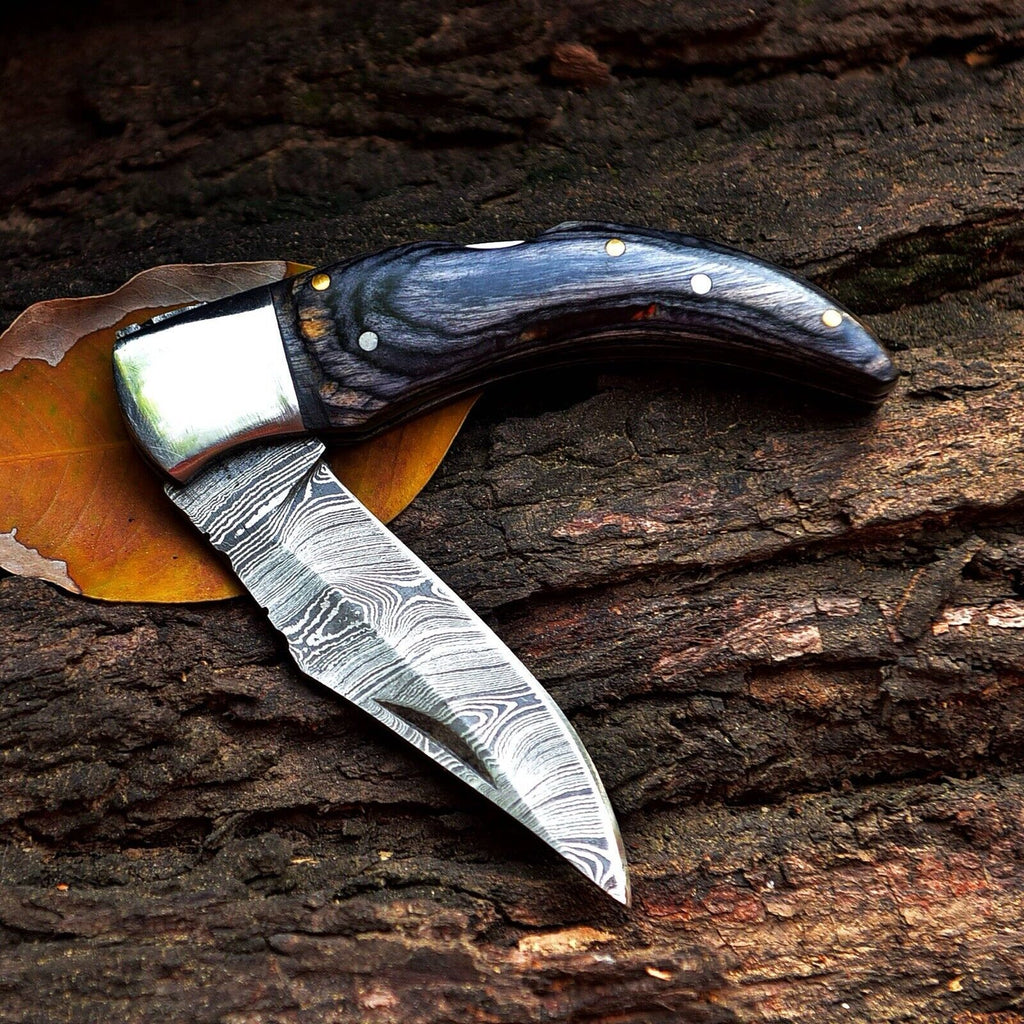 Exclusive Handmade Damascus Pocket Knife – 4" Rosewood Handle with Custom Belt Loop Leather Case