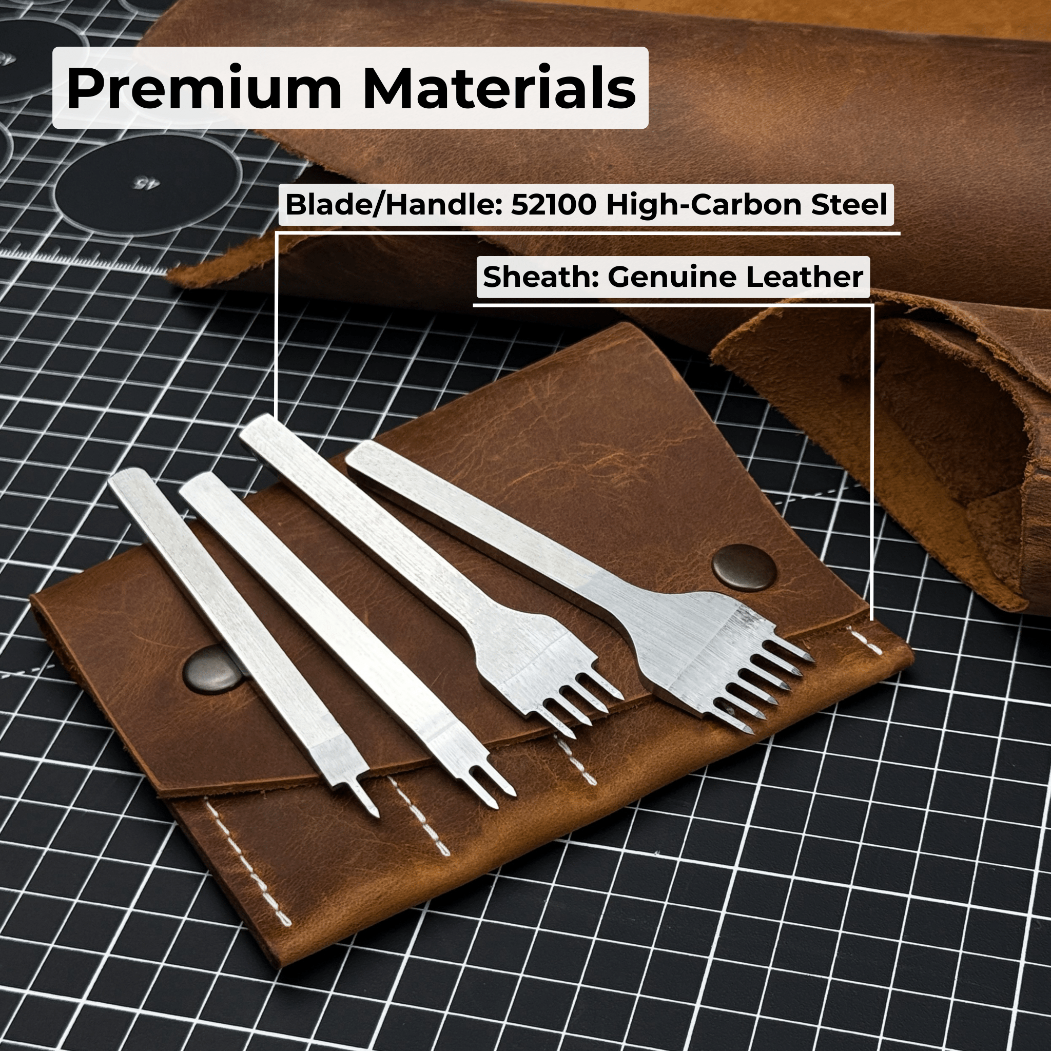 4-Piece Diamond Style Leather Pricking Iron Set, 1, 2, 4, 6 Prongs