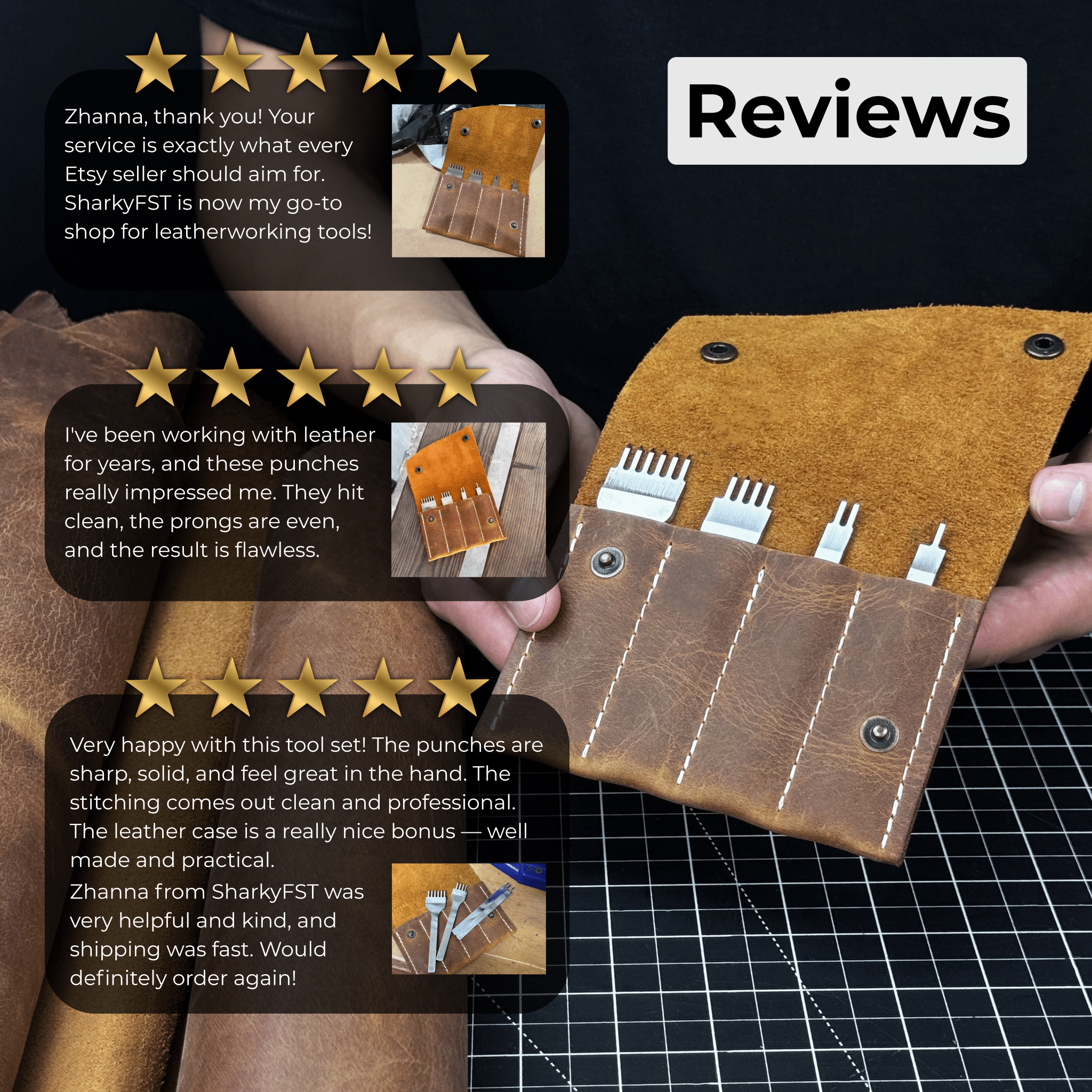 4-Piece Diamond Style Leather Pricking Iron Set, 1, 2, 4, 6 Prongs