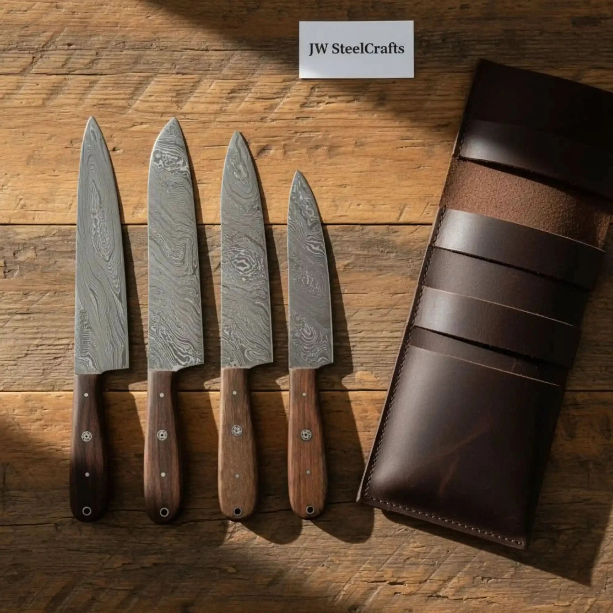 Handmade Damascus Steel Knife Set with Leather Roll, Rosewood Handle Kitchen Collection