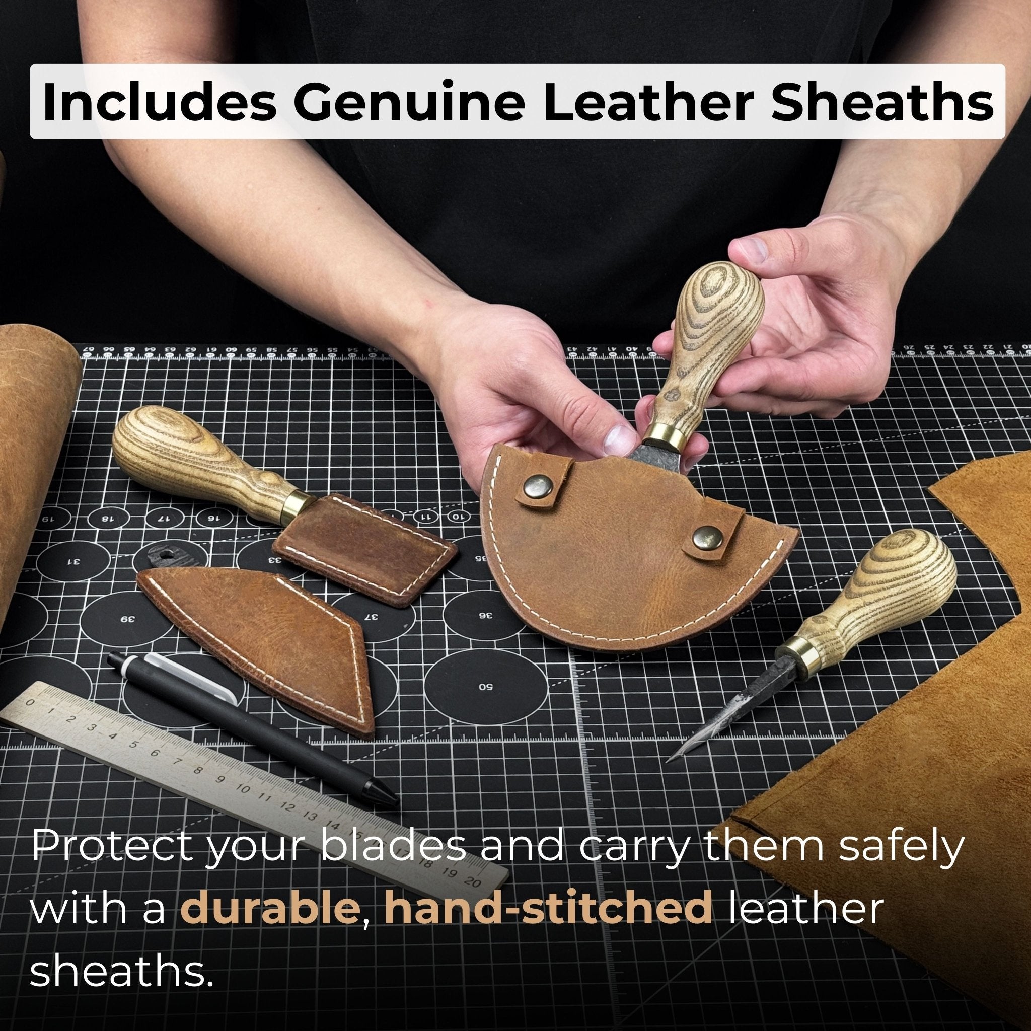 4-Piece Leather Tool Set with Leather Sheaths