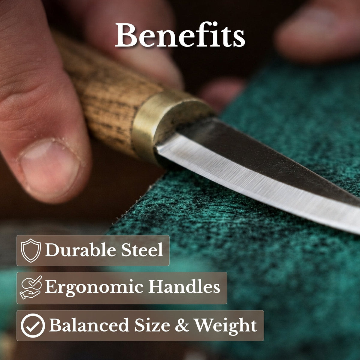 Four-piece spoon carving tool set by Sharky Forged Steel Tools, featuring various carving tools on a wooden surface.