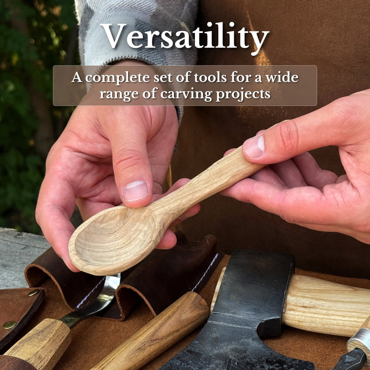 Four-piece Sharky Forged Steel Tools spoon carving set with wooden handles for detailed wood carving projects.