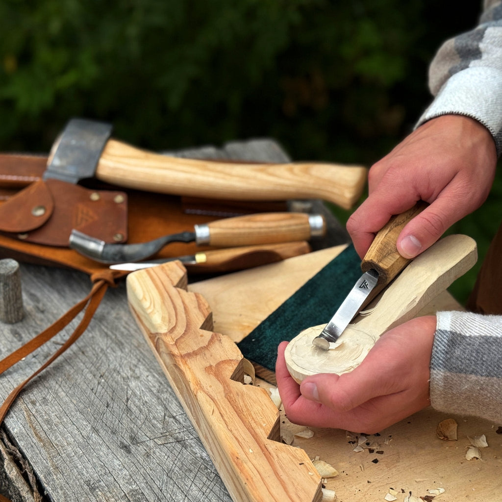 Set of four spoon carving tools from Sharky Forged Steel Tools, featuring ergonomic handles and stainless steel blades.