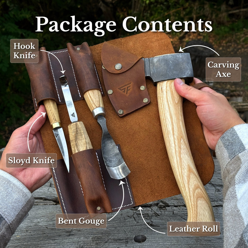 Four-piece Sharky Forged Steel Tools spoon carving set with stainless steel tools for wood carving and whittling.