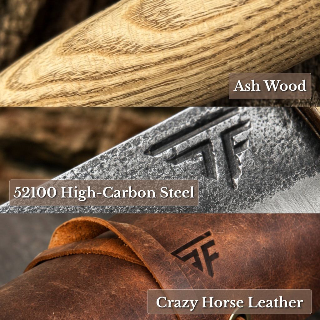 Four-piece Sharky Forged Steel Tools spoon carving set showing various hand tools with wooden handles for carving and shaping wood.