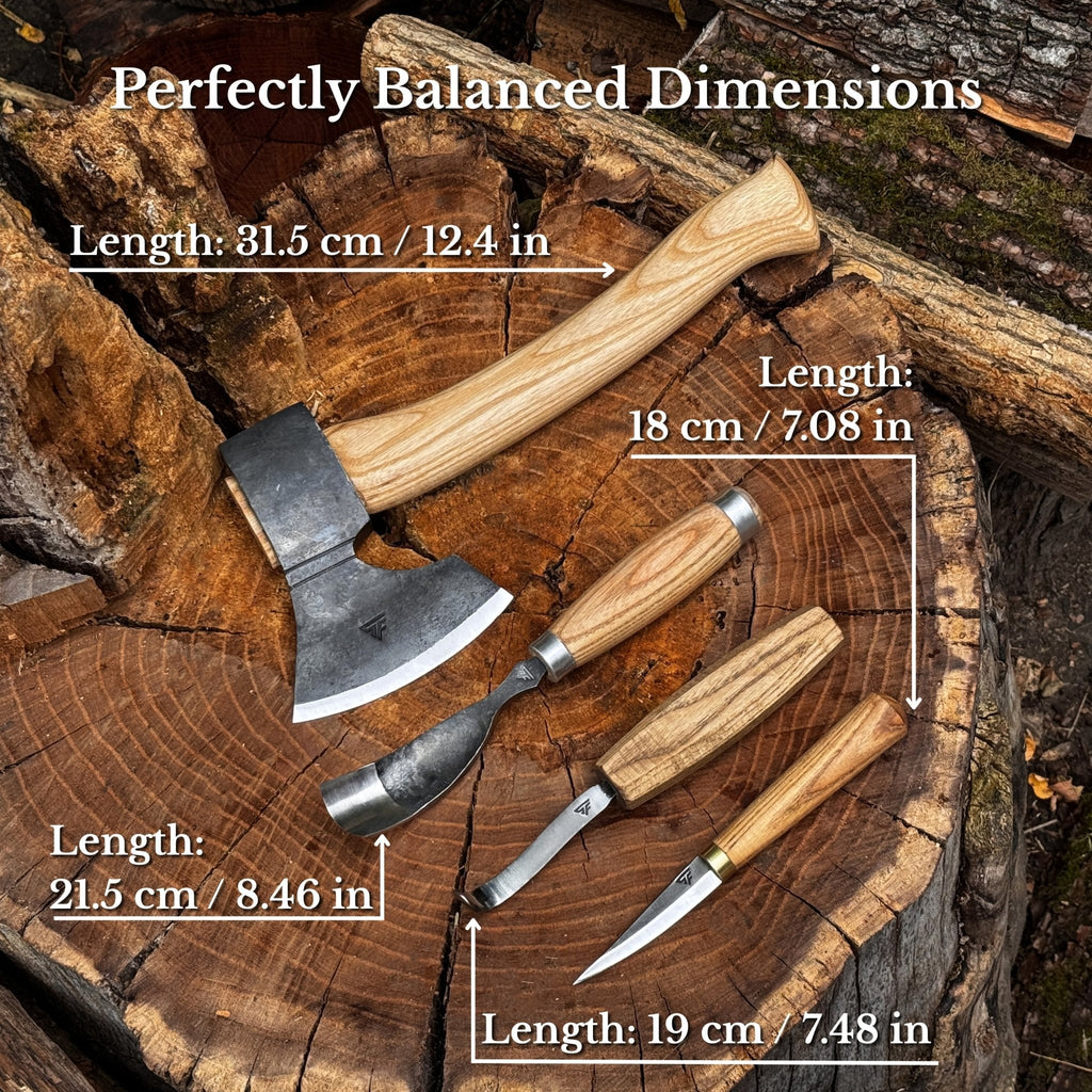 Set of four Sharky Forged Steel Tools for spoon carving, including various shaping and carving tools for woodworking projects.