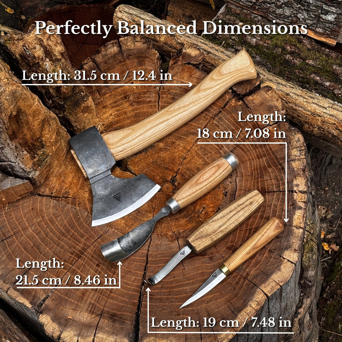 Set of four Sharky Forged Steel Tools for spoon carving, including various shaping and carving tools for woodworking projects.