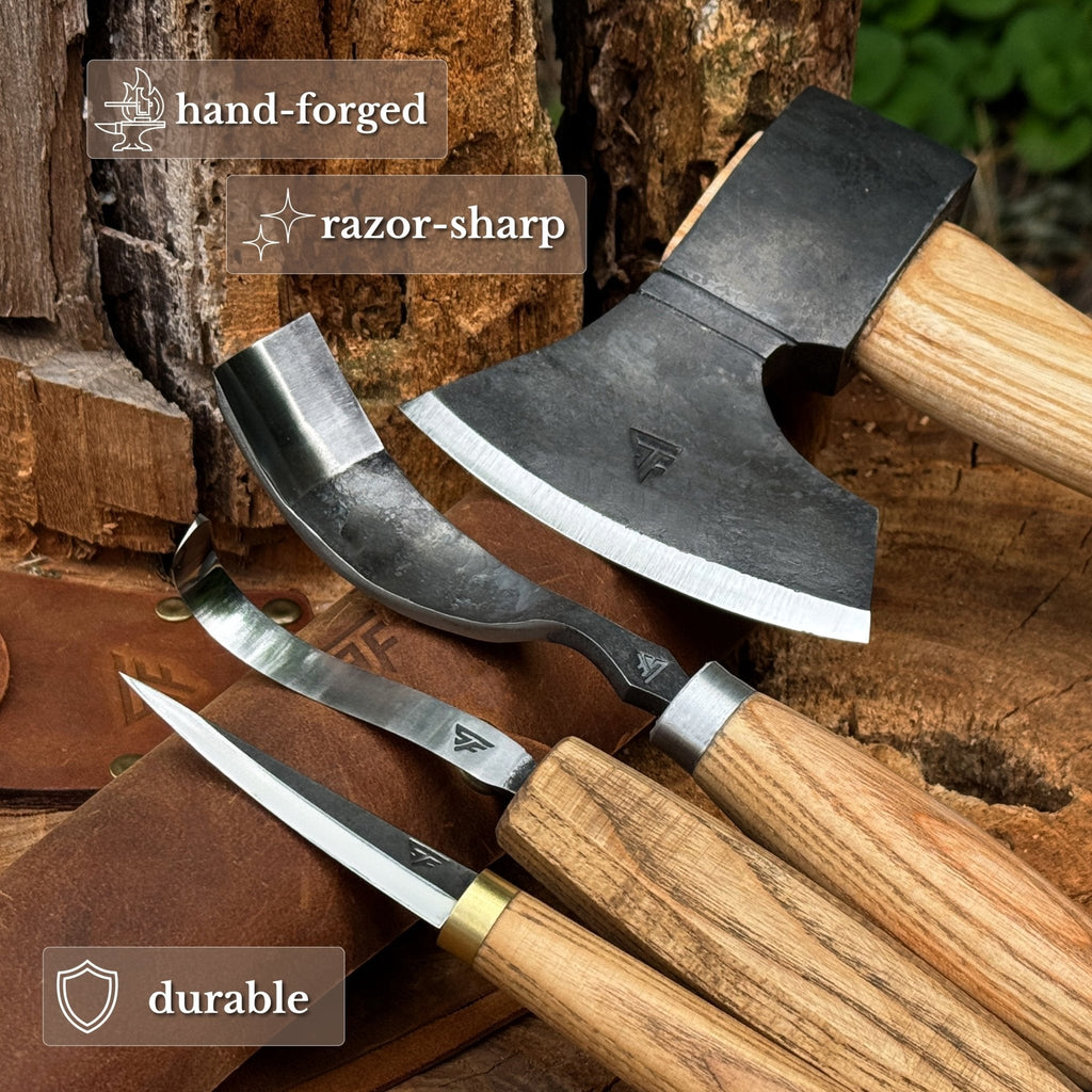 Sharky Forged Steel Tools 4-piece spoon carving tool set with curved and straight carving tools on a wooden surface.