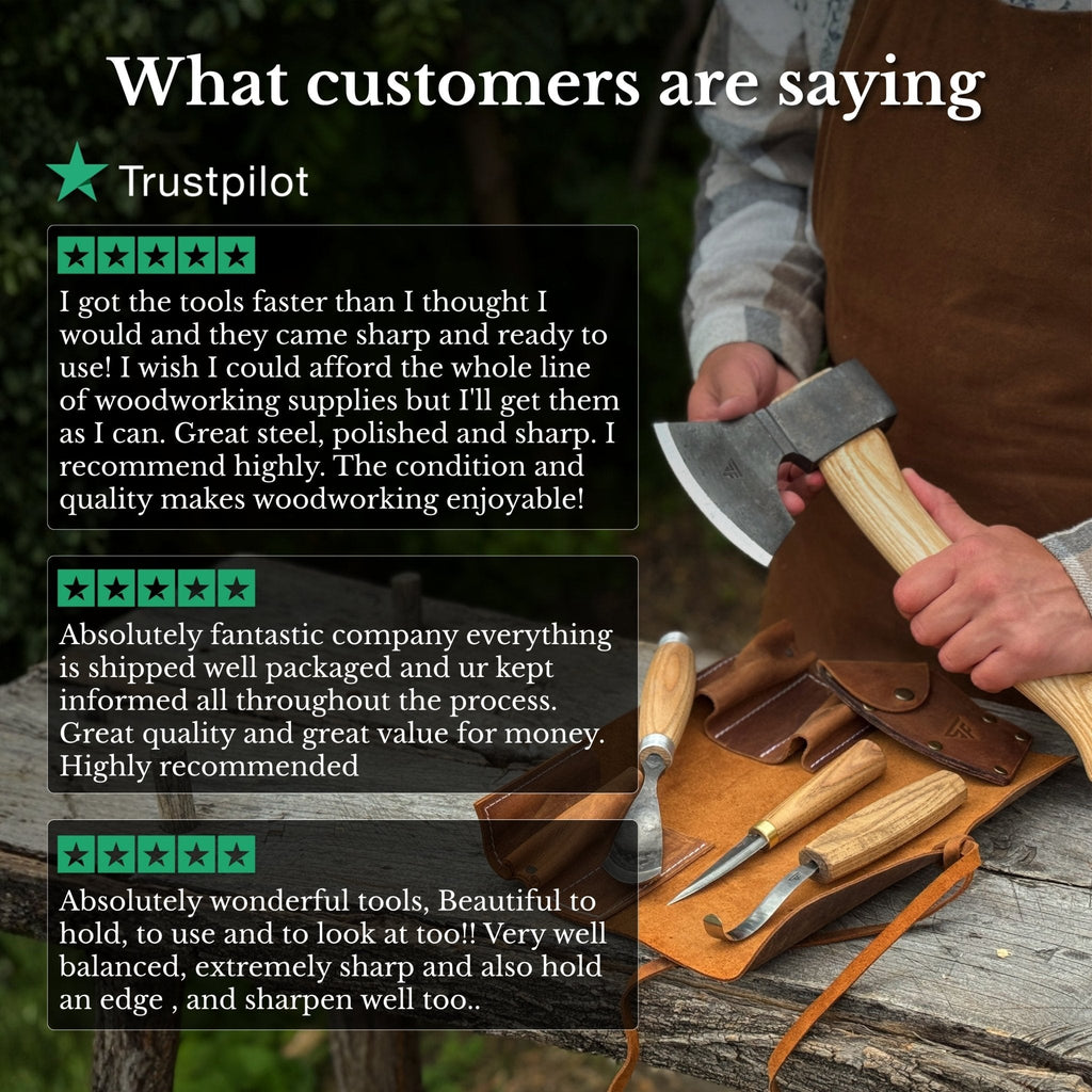 Four-piece Sharky Forged Steel Tools spoon carving set with wooden handles and various carving tools on a workbench.
