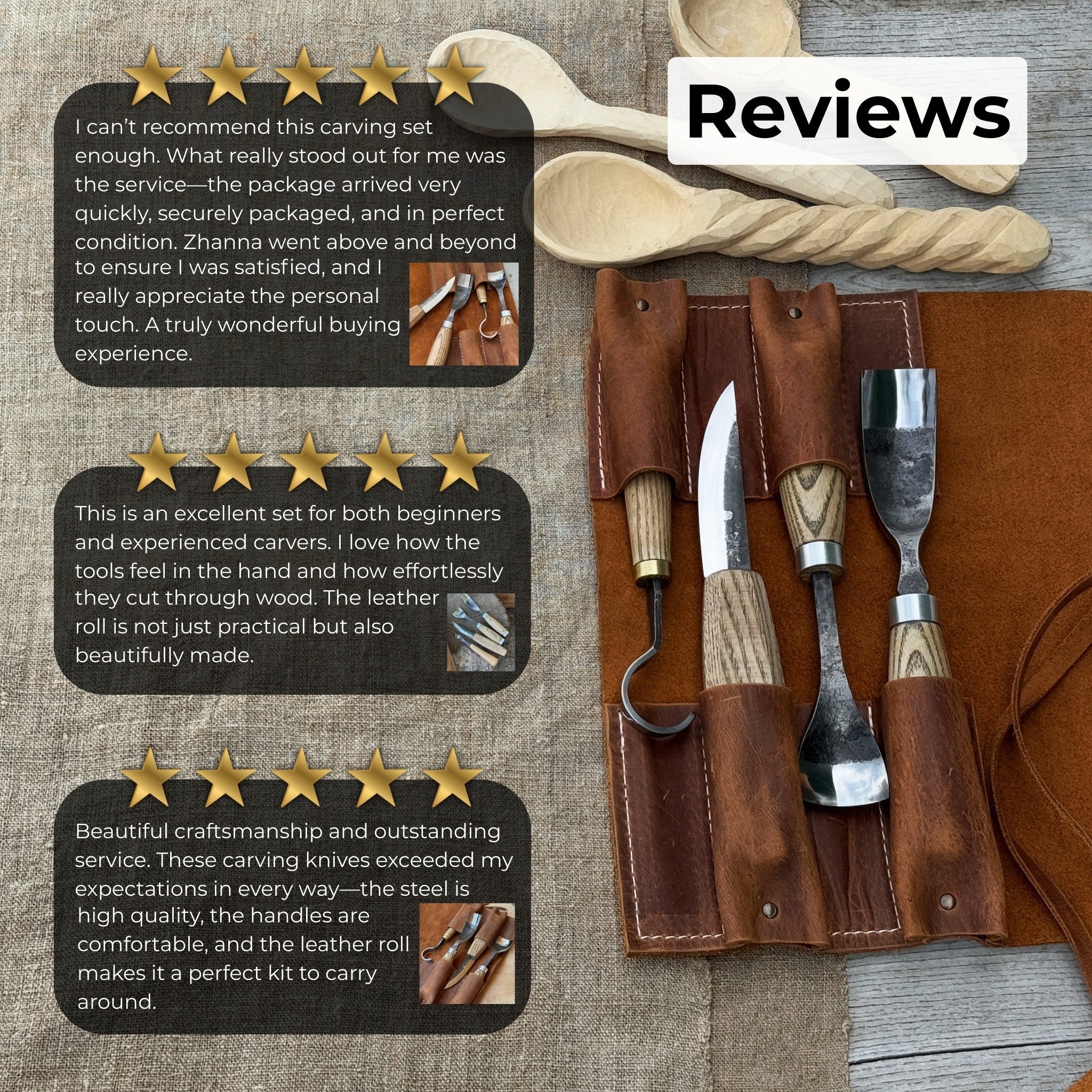 4-Piece Spoon Carving Tool Set with Leather Roll