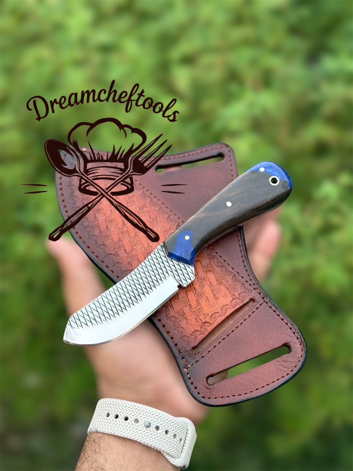 Handmade cowboy knife with rasp tool steel blade, resin handle, and Western leather sheath by Knives Gear Garage.