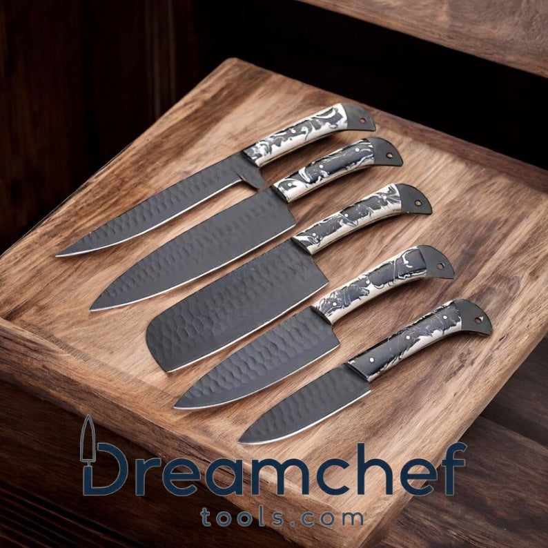 Handmade 13-inch J2 steel chef knife with resin handle and leather sheath from Knives Gear Garage kitchen knife set.