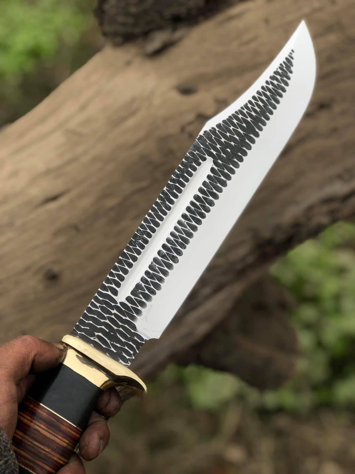Hand-forged J2 steel Bowie knife with brass guard and leather handle, 16-inch custom handmade knife from Knives Gear Garage.