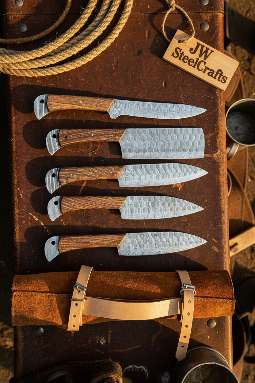 Hand Forged Damascus Chef Knife Set, Natural Wood Handle, Full Tang Kitchen Knife Collection