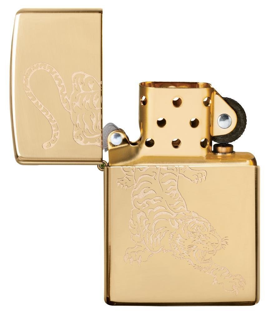 Zippo Tiger Engraved, High Polish Brass Lighter #29884