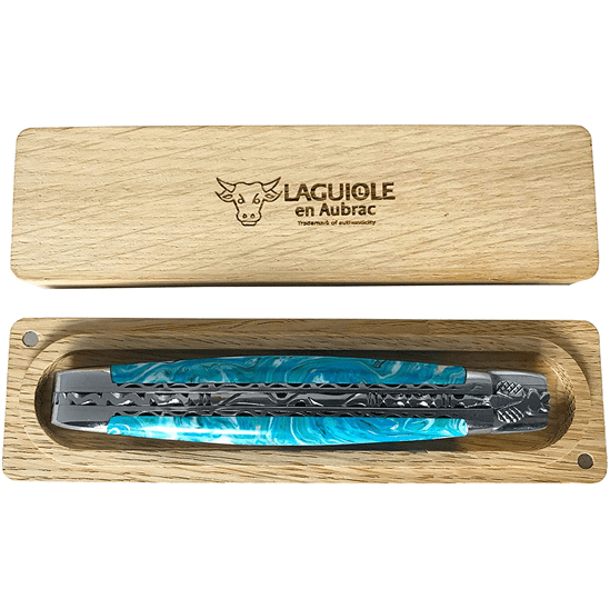 Laguiole en Aubrac Handcrafted Luxury Double Plates Multipurpose Knife with Larimar Handle, 4.75-inches