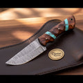 Turquoise Wood Hunting Skinner with Damascus Blade