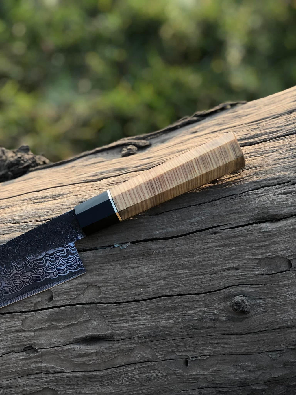 Handmade 13-inch Damascus steel chef knife with brass guard and olive wood handle, includes leather sheath.