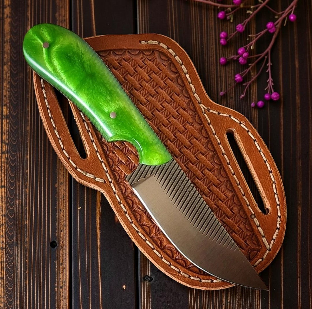 The Billy the Kid – Custom Handmade Farrier Rasp Steel Knife with Green Epoxy Resin Handle & Leather Sheath