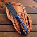 The Midnight Rider – Custom Handmade Damascus Steel Bull Cutter Ranch Knife with Blue Epoxy Pine Cone Resin Handle