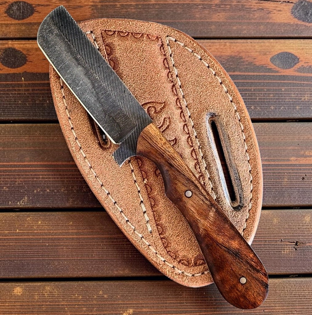 The Wrangler – Custom Handmade Old Farrier Rasp Steel Bull Cutter Knife with Natural Wood Handle & Leather Sheath