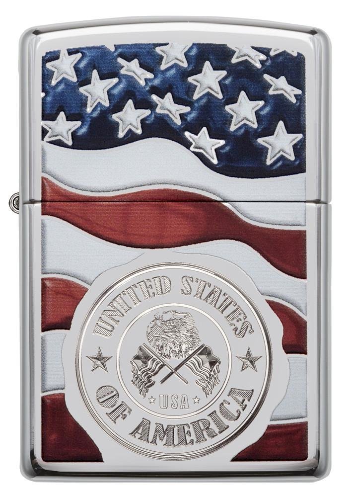 Zippo American Stamp on Flag, High Polish Chrome Lighter #29395