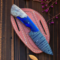 Custom Handmade Damascus Steel Cowboy Ranch Knife with Walnut Epoxy Resin Handle & Leather Sheath
