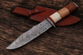 Handmade Damascus hunting knife with an 8-inch blade and wood handle, featuring intricate Damascus steel patterns.