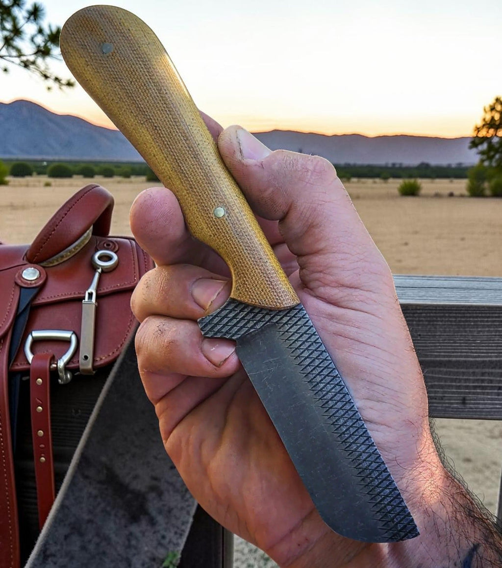 The Ironhorse – Custom Handmade Old Farrier Horse Rasp Steel Bull Cutter Knife with Brown Micarta Handle & Leather Sheath