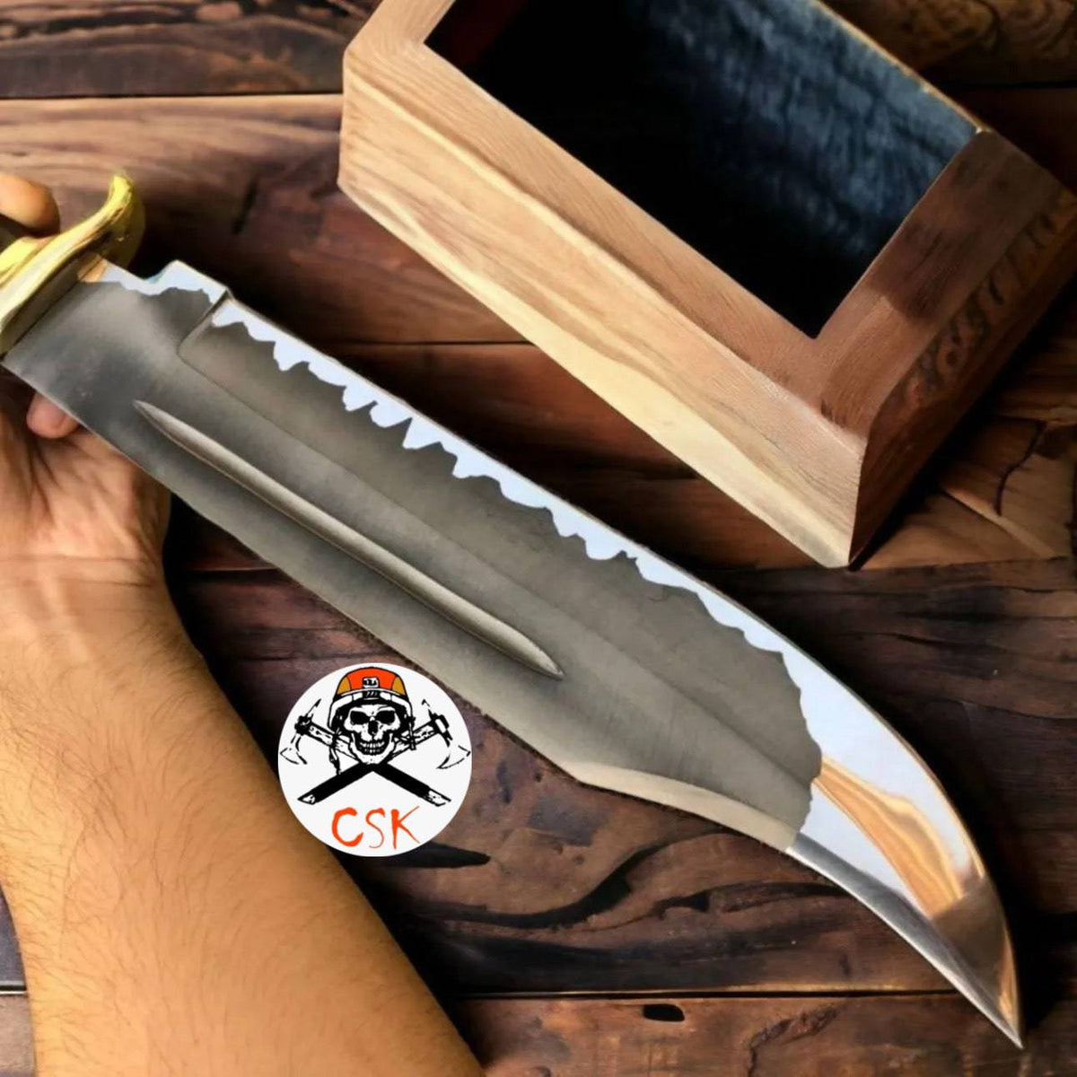 D2 steel Crocodile Dundee hunting knife with acid-etched blade by cskforged, showing detailed blade design and sturdy handle.