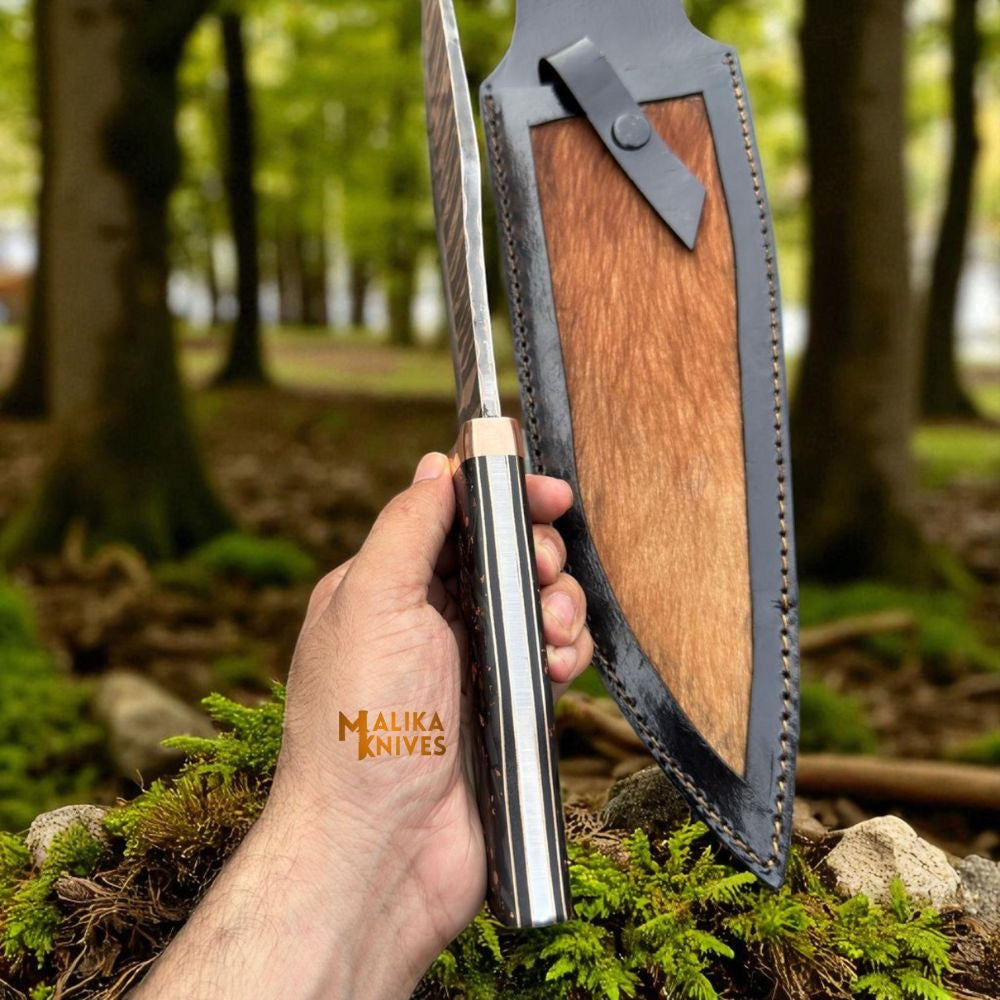 Copper Damascus Bowie knife with carbon fiber handle by Malika Knives, showcasing intricate layered blade and sleek handle design.