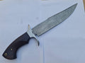 Handmade 15-inch Damascus steel Bowie knife with rosewood handle, steel guard, and leather sheath from Knives Gear Garage.