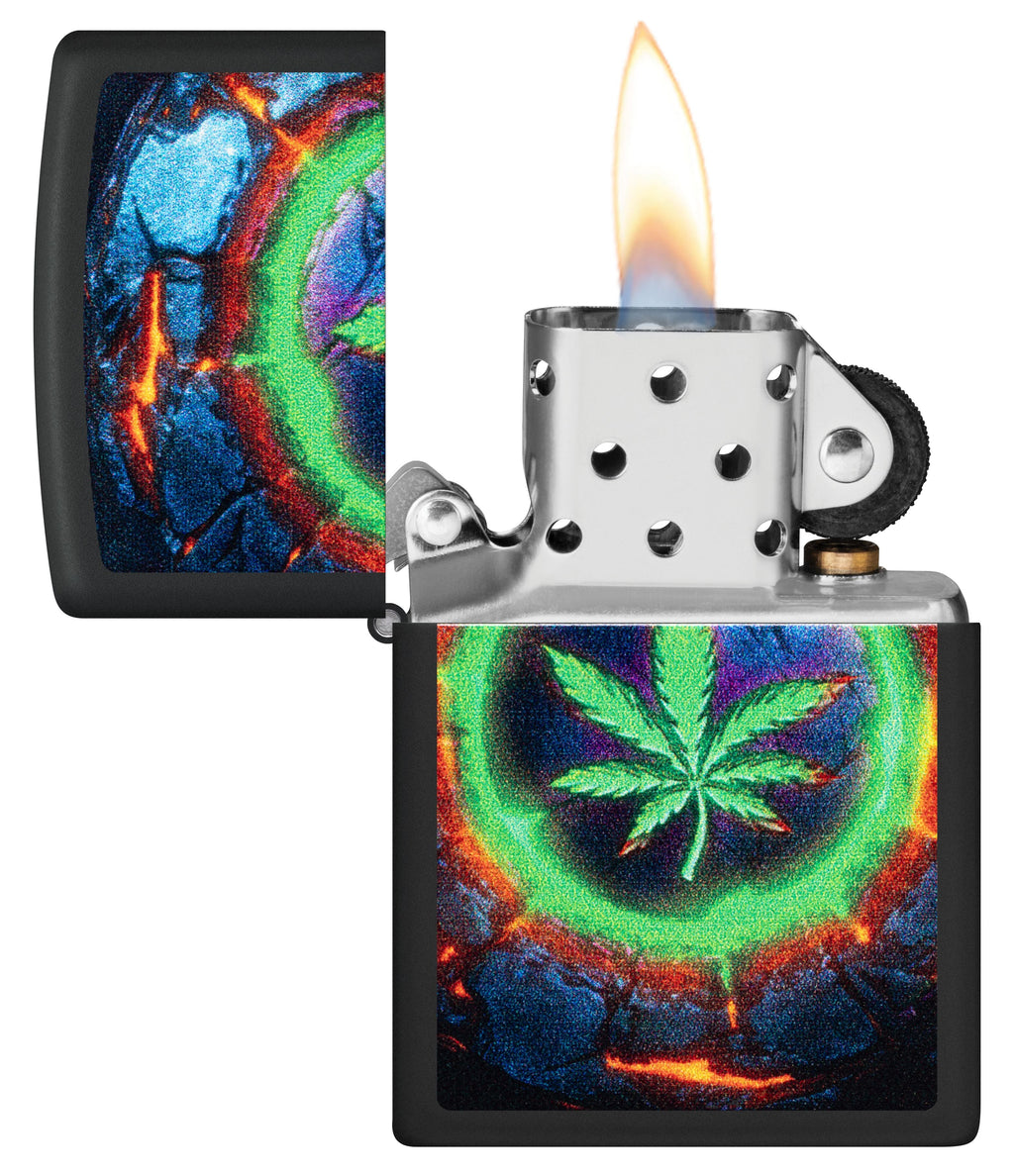 Zippo Cannabis Leaf Neon Glow, Black Matte Lighter #47216