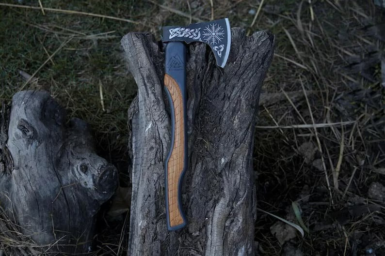 Handmade carbon steel Viking axe with leather sheath, suitable for hunting, outdoor activities, and camping by Knives Gear Garage